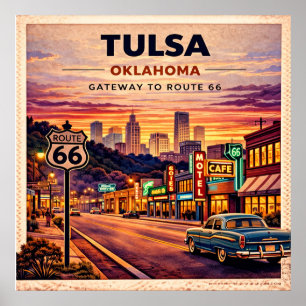 Affiche Scène de voyage vintage sur la route 66 à Tulsa Ok