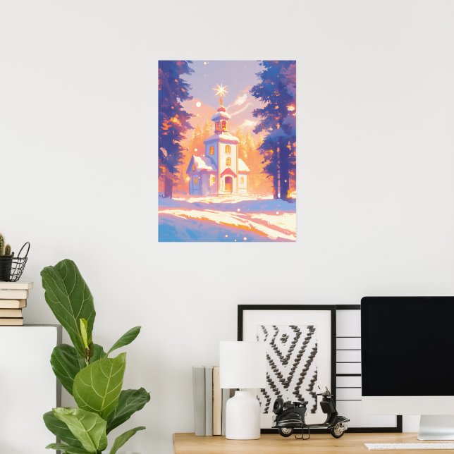 Affiche Scène d'église de Noël enneigée (Bureau à domicile)