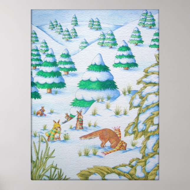 Affiche scène des neiges de renards et de lapins mignons (Devant)