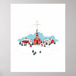 Affiche Scène d'hiver avec une église rouge et l'étoile de