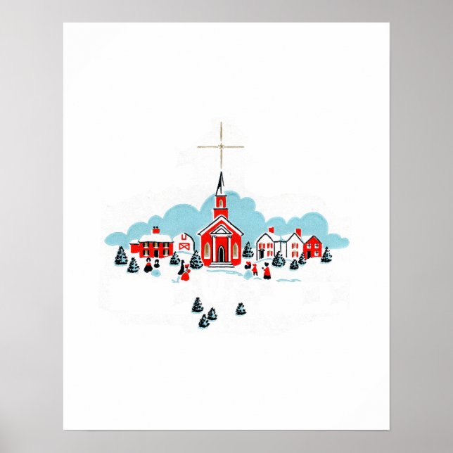 Affiche Scène d'hiver avec une église rouge et l'étoile de (Devant)