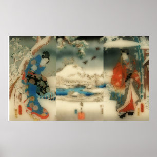 Affiche scène d'hiver - triptyque d'art japonais vintage
