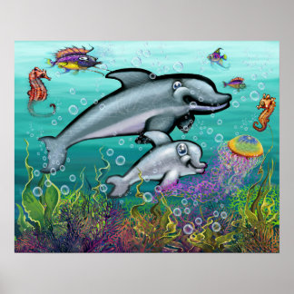 Affiche Scène d'Imaginaire aquatique avec dauphins