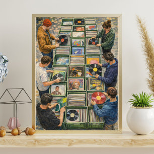 Affiche Scène du marché des disques vinyles vintage