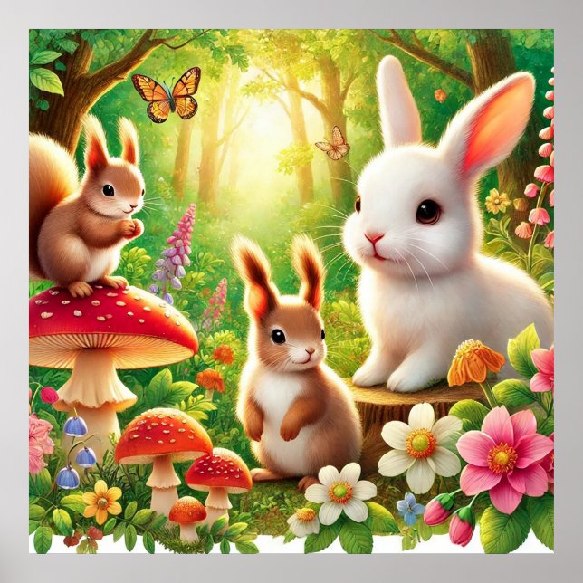 Affiche Scène fantaisiste de forêt avec lapins, écureuils (Devant)