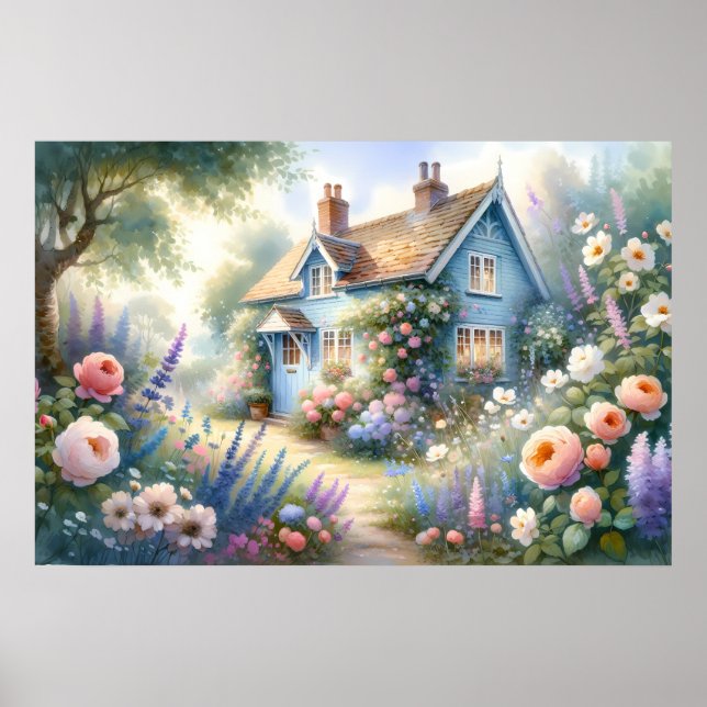 Affiche Scène florale de maison bleue de jardin de campagn (Devant)