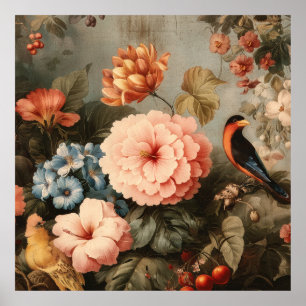 Affiche Scène florale et aviaire vintage vibrante