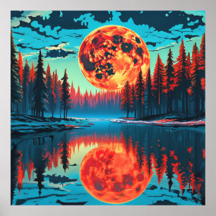 Affiche Scène forestière avec réflexion lunaire surréalist