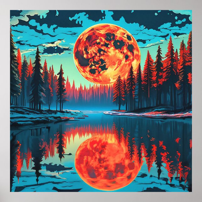 Affiche Scène forestière avec réflexion lunaire surréalist (Devant)