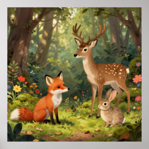 Affiche Scène forestière d'animaux mignons de la forêt