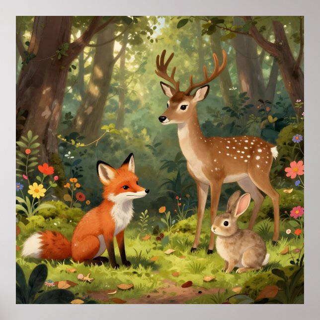 Affiche Scène forestière d'animaux mignons de la forêt (Devant)