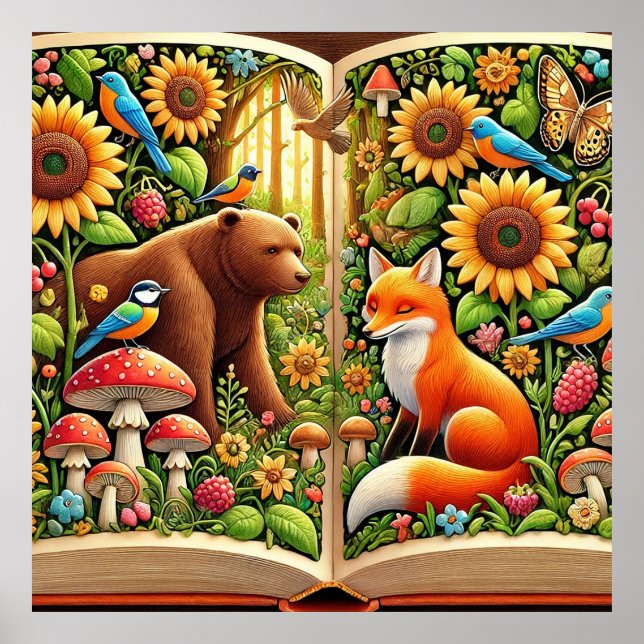 Affiche Scène Forêt Avec Ours, Renard, Fleurs De Soleil (Devant)