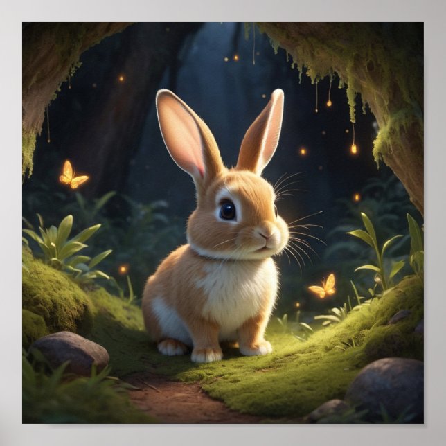Affiche Scène Forêt Magique avec lapin mignon (Devant)