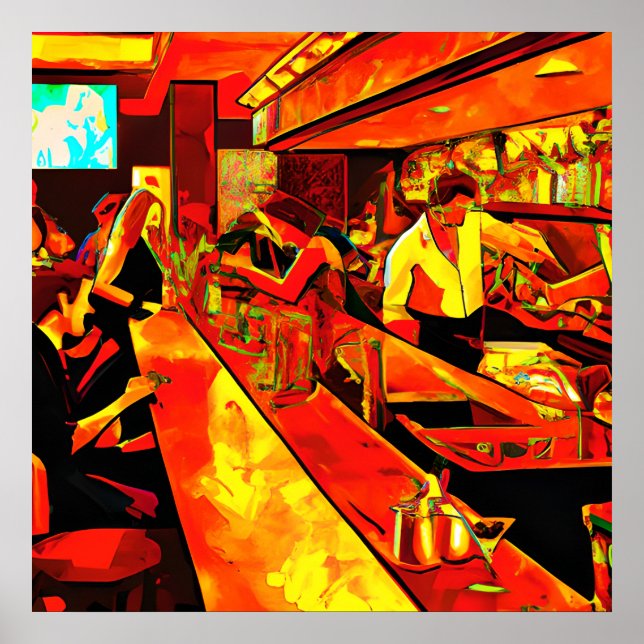 Affiche Scène Fun Bar | Barman et clients (Devant)