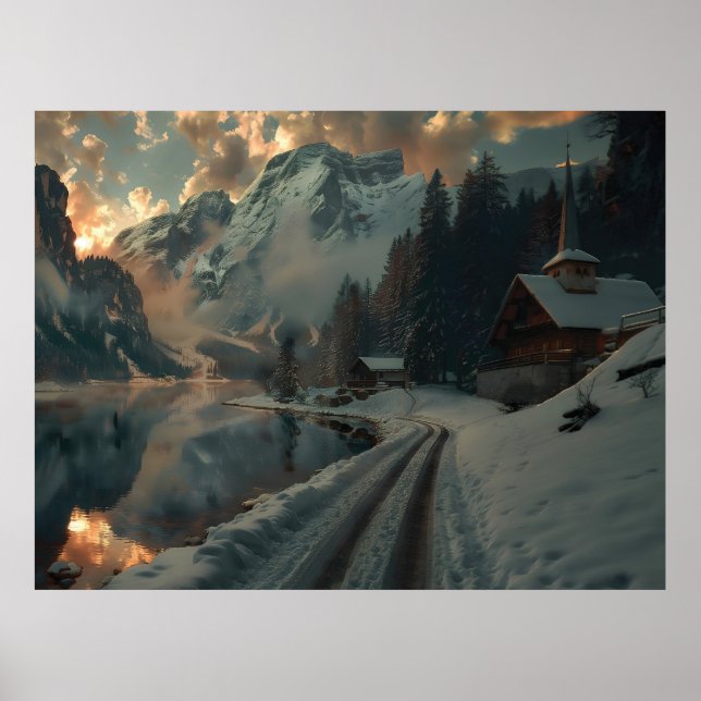 Affiche Scène hivernale avec des bâtiments en bois (Devant)