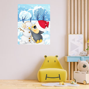 Affiche Scène hivernale avec manchot et bonhomme de neige