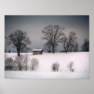 Affiche Scène hivernale, colline et arbres, cabane