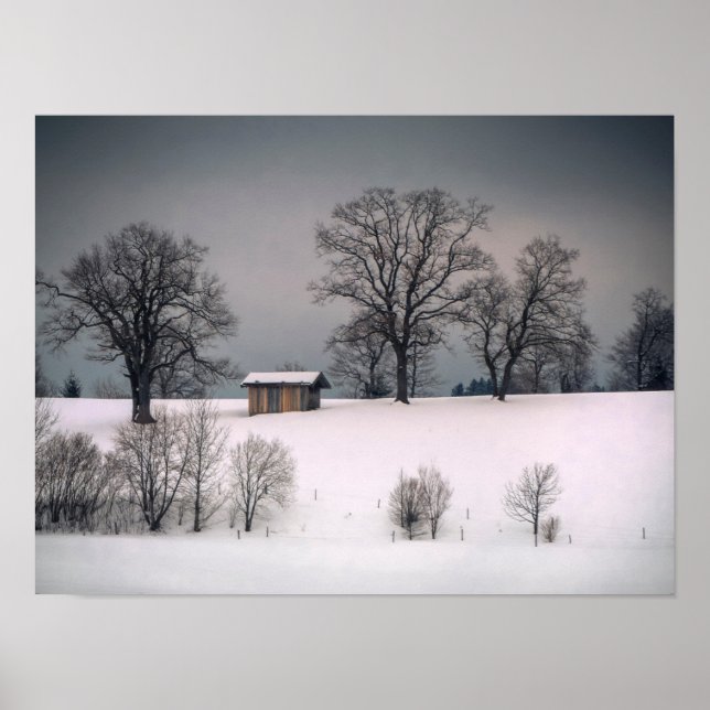 Affiche Scène hivernale, colline et arbres, cabane (Devant)