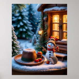 Affiche Scène hivernale cosy avec bonhomme de neige et hér