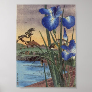 Affiche Scène japonaise vintage ukiyo-e iris bleu et oisea