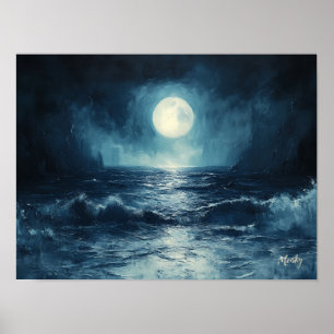 Affiche Scène lunaire océanique lunatique avec vagues défe
