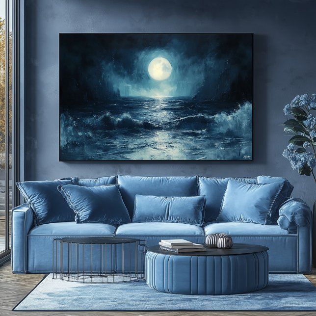 Affiche Scène Moody Ocean Moonlight avec des vagues qui s' (Créateur téléchargé)
