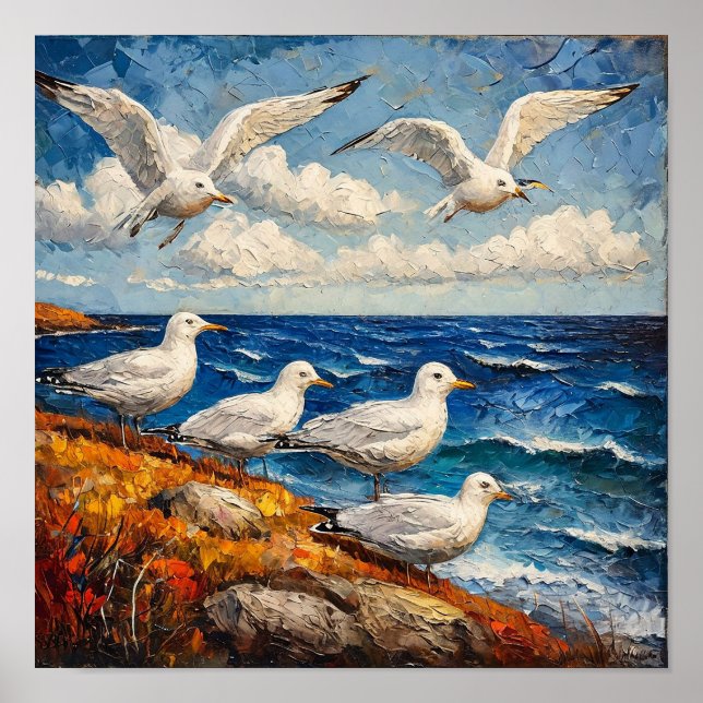 Affiche Scène océanique de mouette paysage côtier scène de (Devant)