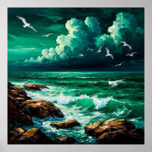 Affiche Scène océanique dramatique avec mouettes et vagues