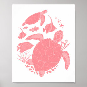 Affiche Scène océanique rose pêche Poissons et tortues