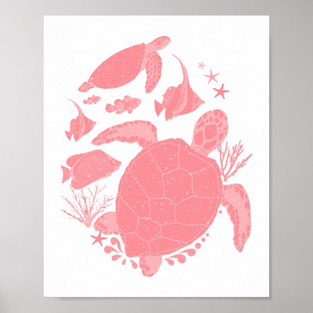 Affiche Scène océanique rose pêche Poissons et tortues (Devant)