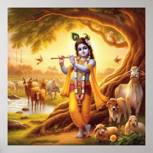 Affiche Scène pastorale dorée sereine de Krishna jouant de (Devant)