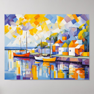 Affiche Scène portuaire cubiste avec bateaux