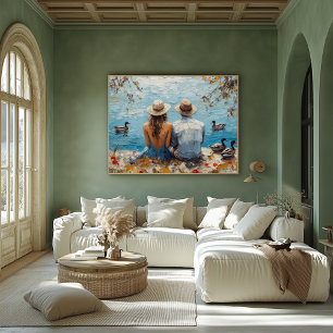 Affiche Scène romantique au bord du lac avec canards et co