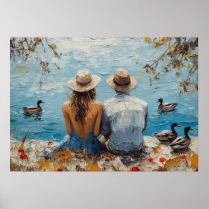 Affiche Scène romantique au bord du lac avec canards et co