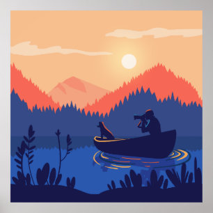 Affiche Scène Rustique Sunset Fishing Art mur Imprimer