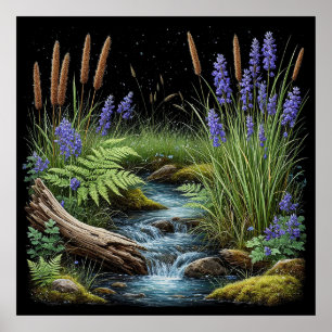 Affiche Scène tranquille de ruisseau dans la forêt, ambian