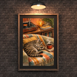 Affiche Scène vinyle de chat douillet et de café, Tabby en