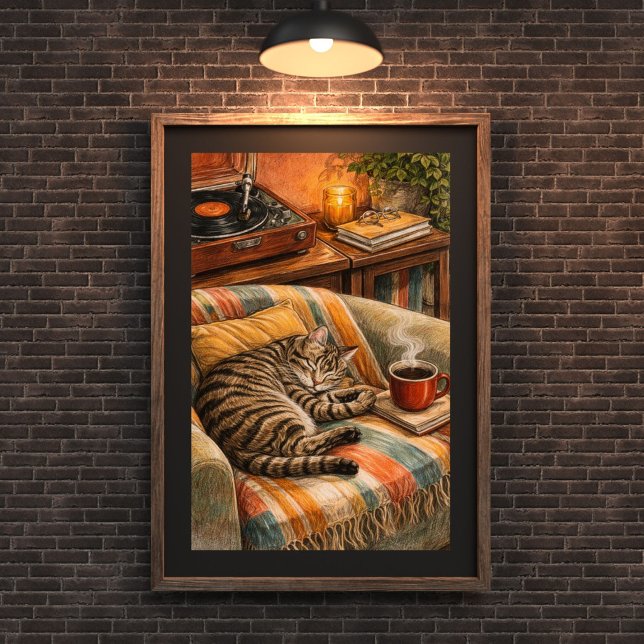 Affiche Scène vinyle de chat douillet et de café, Tabby en (Créateur téléchargé)
