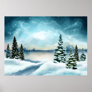 Affiche Scenic Winter Wonderland Watercolor Painting