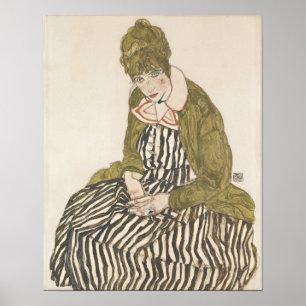 Affiche Schiele - Edith avec une robe rayée assise