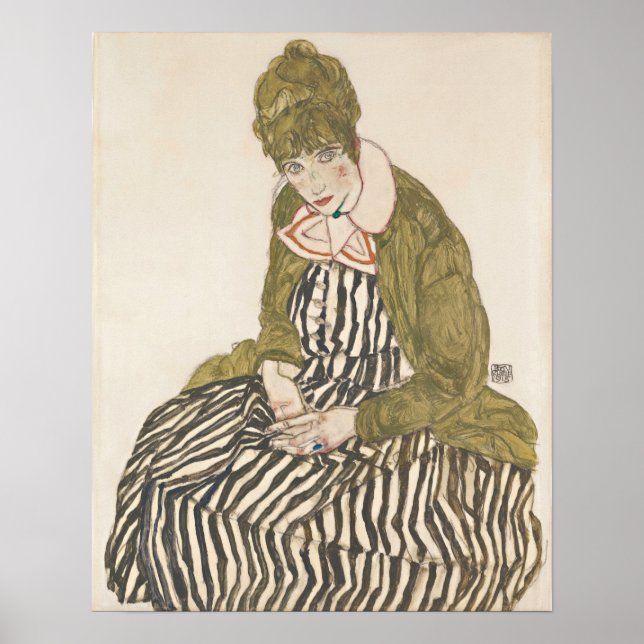 Affiche Schiele - Edith avec une robe rayée assise (Devant)