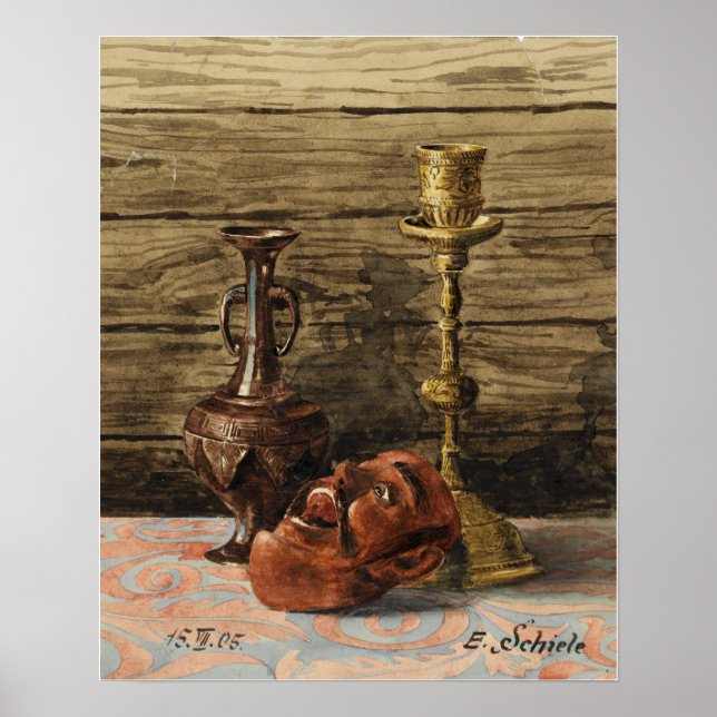 Affiche Schiele - Nature morte avec vase à bougeoir et ma… (Devant)