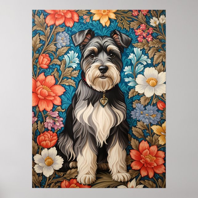 Affiche Schnauzer joyeux floral inspiré de William Morris (Devant)
