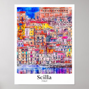 Affiche Scilla Italie Voyage Aquarelle main tirée
