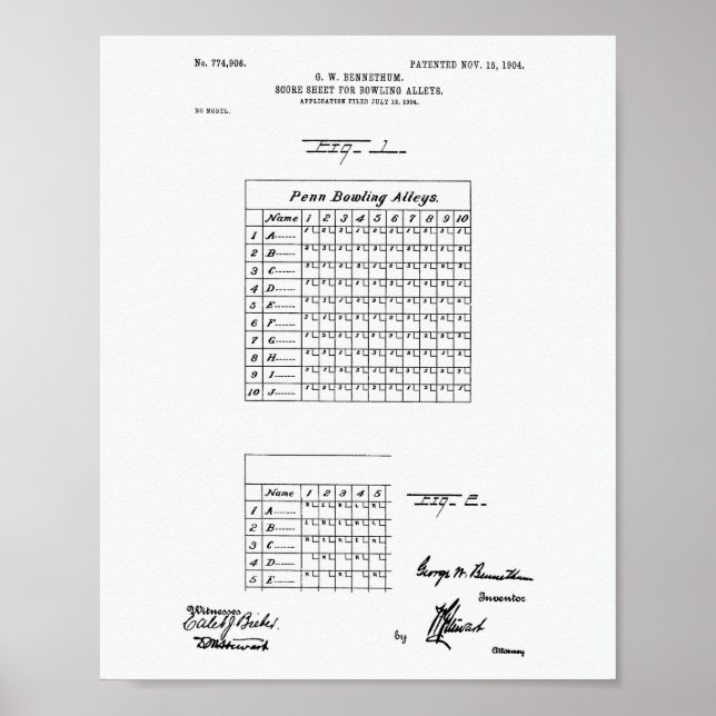 Affiche Score Sheet Bowling 1904 Patent Art White Paper (Devant)