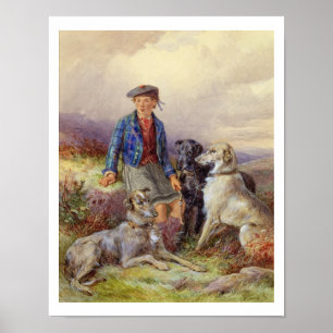 Affiche Scottish boy with wolfhounds in a Highland landsca