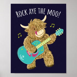 Affiche Scottish Highland Cow Guitarist Rock Aye The Moo!