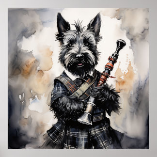Affiche Scottish Terrier Jouer-Bagpipes dans une encre Kil