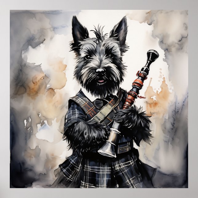Affiche Scottish Terrier Jouer-Bagpipes dans une encre Kil (Devant)