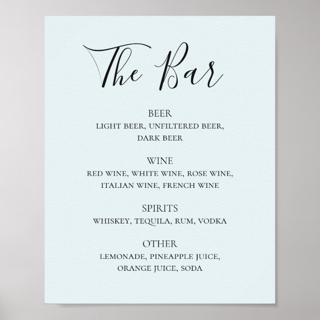 Affiche Script calligraphie bleue mariage menu bar boisson (Devant)